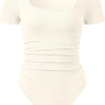 OQQ Women Bodysuits Ruched Short Sleeve Square Neck Stretch Lounge Travel Bodysuits