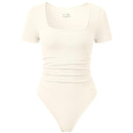 OQQ Women Bodysuits Ruched Short Sleeve Square Neck Stretch Lounge Travel Bodysuits Beige