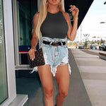 OQQ Women's 3 Piece Bodysuits Sexy Ribbed One Piece Sleeveless Halter Neck Tops Leotard Summer Trendy Black Darkgrey Beige