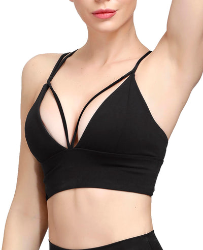 MotoRun Womens Push-up Padded Strappy Sports Bra Cross Back Wirefree Fitness Yoga Top Black-White Medium