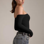 OQQ Bodysuits Womens Off-Shoulder Long Sleeve Seamless Shapewear Tops Black