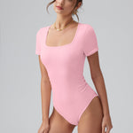 OQQ Women Bodysuits Ruched Short Sleeve Square Neck Stretch Lounge Travel Bodysuits Pink bean paste