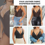 SHAPERIN Women's Deep V Neck Faux Leather Bodysuit Tummy Control Shapewear Thong Body Shaper Plunge Cami Corset Top (Medium,Black)