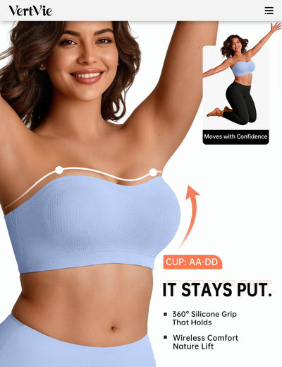 Vertvie Strapless Bra Wireless Non-Slip Push Up Bandeau Bras for Women Full Support Tube Tops Padded Bralette S-Large Breasts(Sky Blue,Medium)