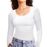 Nebility Tummy Control Shaperwear for Women Long Sleeve T Shirts Compression Tank Tops Scoop Neck Seamless Body Shaper(White,Medium)