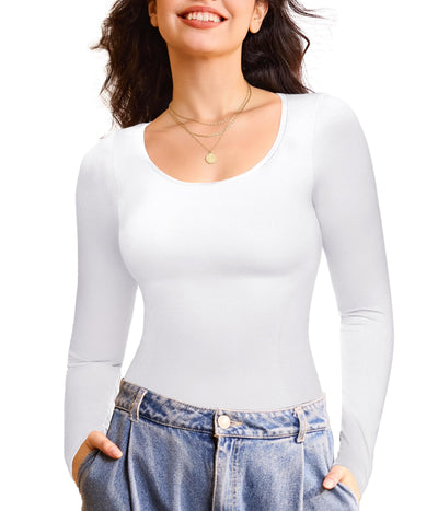 Nebility Tummy Control Shaperwear for Women Long Sleeve T Shirts Compression Tank Tops Scoop Neck Seamless Body Shaper(White,Medium)