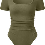 OQQ Women Bodysuits Ruched Short Sleeve Square Neck Stretch Lounge Travel Bodysuits