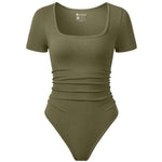 OQQ Women Bodysuits Ruched Short Sleeve Square Neck Stretch Lounge Travel Bodysuits Sauerkraut