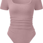 OQQ Women Bodysuits Ruched Short Sleeve Square Neck Stretch Lounge Travel Bodysuits