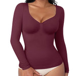 FeelinGirl Long Sleeve Compression Shirts for Women Shapewear Tummy Control Slimming Body Shaper V Neck Top Burgundy X-Large