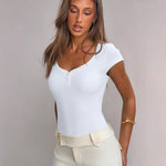 OQQ Women Bodysuit Short Cap Sleeves Tummy Control One Piece Going Out Tops White