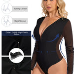 SHAPERIN Mesh Long Sleeve Shapewear Bodysuit Women Sexy Deep V Neck Tummy Control Sheer Body Suit Going Out Tops Concert Outfits Black S