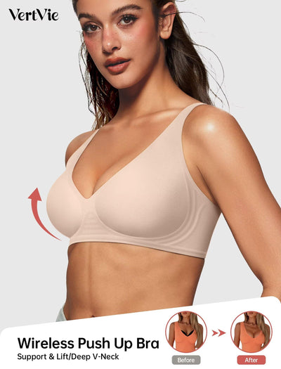 Vertvie Jelly Wireless Bras for Women Push Up Plunge Seamless T-Shirt Bras No Underwire Supportive Full Coverage Bralettes(Nude,Medium)