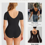 BRABIC Short Sleeve Shapewear Bodysuit for Women Tummy Control V Neck Backless Seamless Body Shaper(Black, Medium)