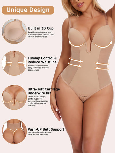JOYSHAPER Women Shapewear Bodysuit Built in Bra Tummy Control U Plunge Backless Body Shaper Bra Thong Body Suits