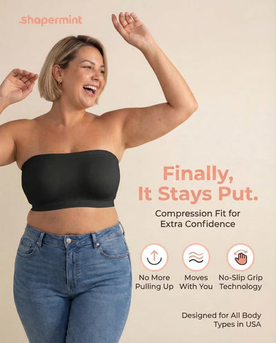 SHAPERMINT Strapless Bra, Wireless Non-Slip Bandeau, Convertible Straps, Molded Strapless Bras for Women S to Large Breasts Black