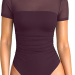 OQQ Women Short Sleeve Bodysuit Tummy Control Shapewear Mesh One Piece Leotard Shirts Going Out Tops