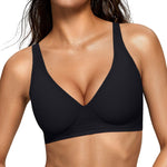 OEAK Womens Deep V Bras Wireless Comfortable Bra Supportive No Underwire Bras Tshirt Push Up Bralettes Plunge Seamless Bra Black M