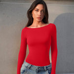 OQQ Bodysuits for Women Boatneck Long Sleeve Basic Stretch Classic-Fit Tops Sexy Bodysuit Red