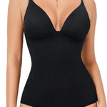 Irisnaya Women's Plunge Deep V Neck Bodysuits with Built in Bra Body Suits | Double-lined shapewear body suits tops has no-wire bra support. Adjustable straps offer a custom fit for work or events.