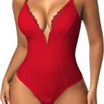 SHAPERIN Women's Lace Trimmed Deep V Neck Bodysuit Plunge Tummy Control Shapewear Thong Body Suits Cami Tank Corset Tops