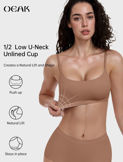 OEAK Womens Comfortable Bras No Underwire Cami Bra Seamless Unlined Bralettes Scoop Neck Unpadded Everyday Sports Tshirt Bra Latte,M