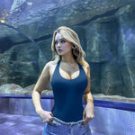 OQQ Women Halter Neck Bodysuits 2 Pack Sleeveless Shapewear One Piece Leotard Shirt Going Out Tops Deep blue Beige