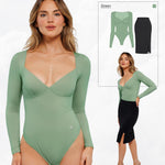 Popilush Long Sleeve Bodysuit Shapewear Bodysuit Tummy Control for Women V Neck Shirt Going Out Tops