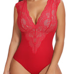 SHAPERIN Sexy Deep V Neck Lace Bodysuit for Women Tank Top Thong Shapewear Tummy Control Body Suits Going Out Corset Tops Red L