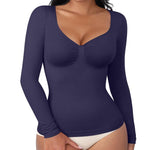 FeelinGirl Compression Shirts Woman Shapewear Tummy Control Long Sleeve Tops Womens Slimming Body Shaper V Neck Blue Medium