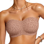 OEAK Womens Strapless Bras Jelly Push Up Bandeau Bra Non Slip Wireless Supportive Padded Bras Seamless Comfortable Tube Bra Leopard Light Coffee S