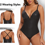 SHAPERIN Women's Deep V Neck Faux Leather Corset Bodysuit Tummy Control Shapewear Thong Body Shaper Plunge Cami Top