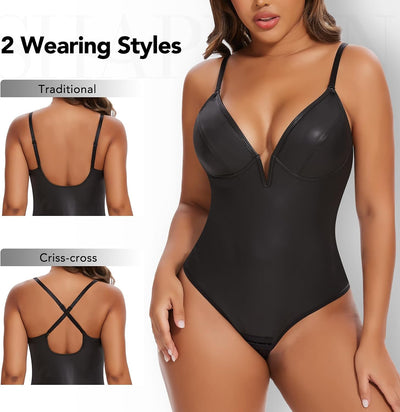 SHAPERIN Women's Deep V Neck Faux Leather Corset Bodysuit Tummy Control Shapewear Thong Body Shaper Plunge Cami Top