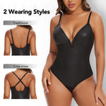 SHAPERIN Women's Deep V Neck Faux Leather Corset Bodysuit Tummy Control Shapewear Thong Body Shaper Plunge Cami Top (Medium,Black)