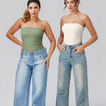 OQQ Womens Tube Bodysuits Strapless Basic Sleeveless Ruched Stretch Classic-Fit Tops Sexy Bodysuits
