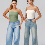 OQQ Womens Tube Bodysuits Strapless Basic Sleeveless Ruched Stretch Classic-Fit Tops Sexy Bodysuits Beige