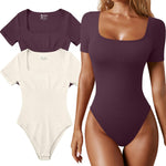 OQQ Women's 2 Piece Bodysuits Sexy Ribbed One Piece Square Neck Short Sleeve Bodysuits