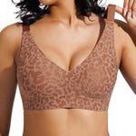 Popilush Womens Wireless Bra Seamless No Underwire Push Up Plunge Deep V Bralette with Adjustable Straps Everyday Comfortable T-Shirt Bra Leopard Brown