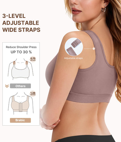 BRABIC Front Closure Post Surgery Compression Bras for Women Mastectomy Bra with Adjustable Straps Wirefree Purple Brown