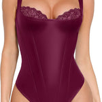 Popilush Faux Leather Shapewear Bodysuit Lace Corset Body Suits for Womens | Tummy Control Shapewear,Thong Body Shaper,Compression Bodysuit Women,Corset Tops for Country Concert,Going Out Summer Outfit