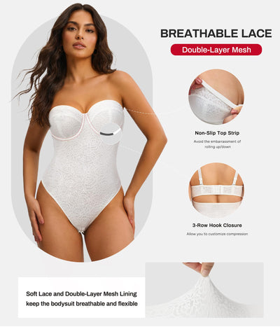 Nebility Strapless Shapewear for Women - Thong Bodysuit Tummy Control Lace Corset Tops Underwire with Removable Strap