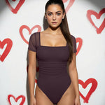 OQQ Women Short Sleeve Bodysuit Square Neck Tummy Control Shapewear Mesh Ruched One Piece Leotard Shirts Going Out Tops