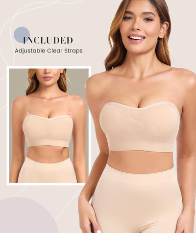 Finduself Strapless Bras for Women Non-Slip Padded Bandeau Bra Wireless Tube Top Bra Including Clear Straps