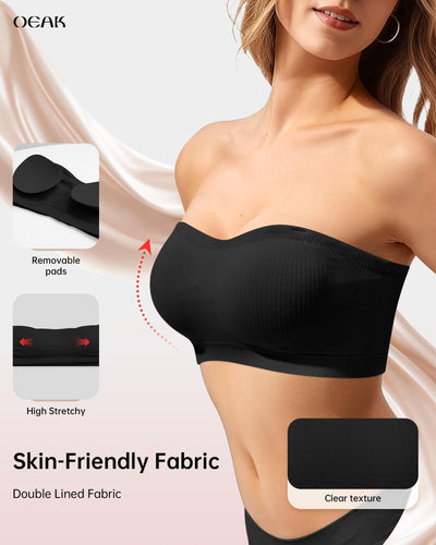 OEAK Supportive Strapless Bras for Women Push Up Wireless Bandeau Bra Non Slip Seamless Bras Comfortable Padded Bralette Black S