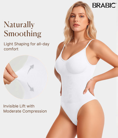 BRABIC Womens' Seamless Sleeveless V-Neck Thong Bodysuit Shapewear Tummy Control Tops V-Neck Camisole (White Thong, Medium/Large)