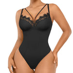 SHAPELLX Lace Bodysuit for Women Tummy Control Thong Black Waist Sculpting Shapewear V Neck Body Shaper (Black, Large)