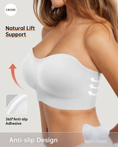 OEAK Strapless Bras for Women Wireless Bandeau Bra Non Slip Push Up Tube Top Seamless Bras Comfortable Padded Bralette White XXL