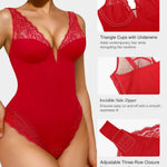 Popilush Lace Bodysuits for Women Tummy Control Red Body Suits Deep V Neck Thong Shapewear Going Out Corset Tops