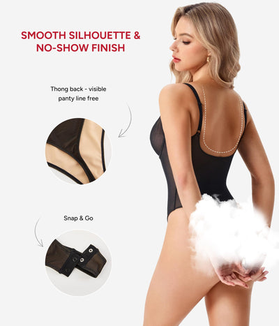 Nebility Shapewear Bodysuit for Women tummy control - V Neck Thong Body Suit with Underwire, Low back Going Out Tops