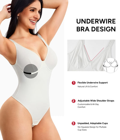 Nebility Shapewear Bodysuits for Women Tummy Control Body Shaper Deep V Neck Thong Body Suits (White,3X-Large)